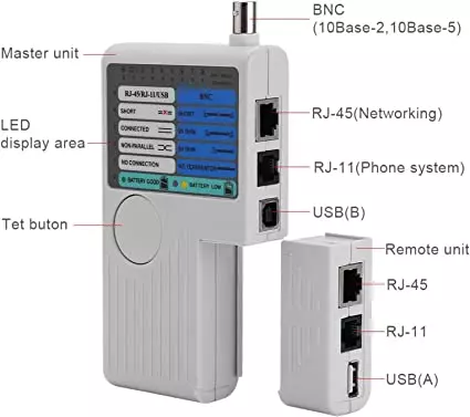 Testeur de câble 4 en 1 (RJ11 / RJ 45 / BNC / USB) (351911)