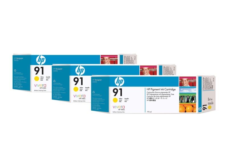 Pack De 3 Cartouches 775Ml D’encre Hp 91 Jaune D’origine (C9485A)