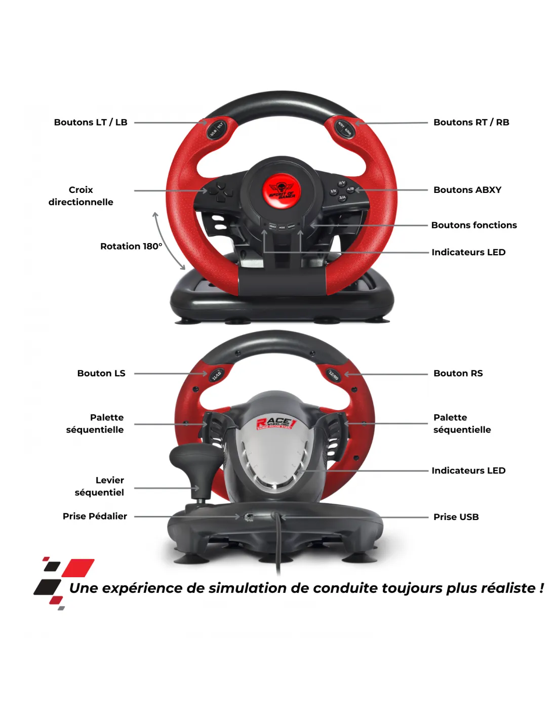 Volant Spirit Of Gamer Wheel Pro 1 Avec Pédalier Pc 3 Race Wheel Pro 1 (2)