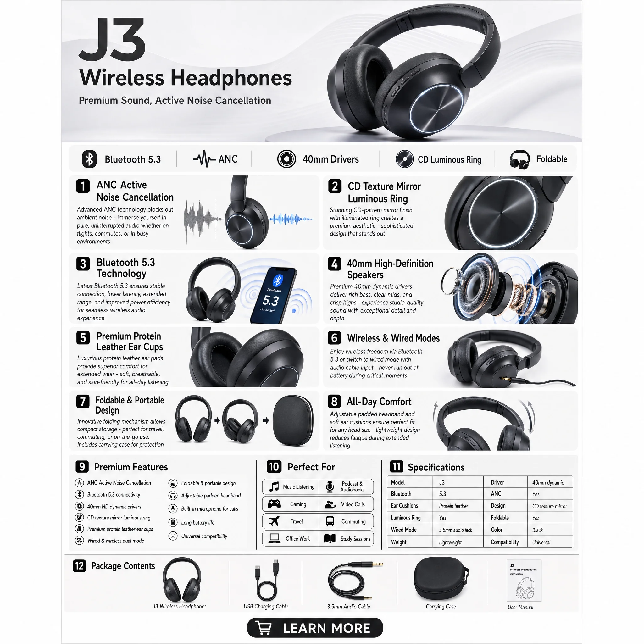 Casque Bluetooth Blisbond J3 - Noir 4 J3 Bluetooth Headphones A4 Showcase